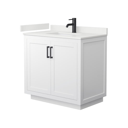 Wyndham Collection Miranda 36" Single Bathroom Vanity in White, White Quartz Countertop, Undermount Square Sink (1-Hole), Matte Black Trim