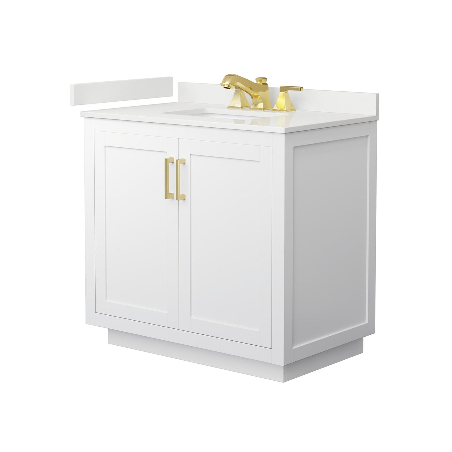 Wyndham Collection Miranda 36" Single Bathroom Vanity in White, White Quartz Countertop, Undermount Square Sink (3-Hole), Brushed Gold Trim