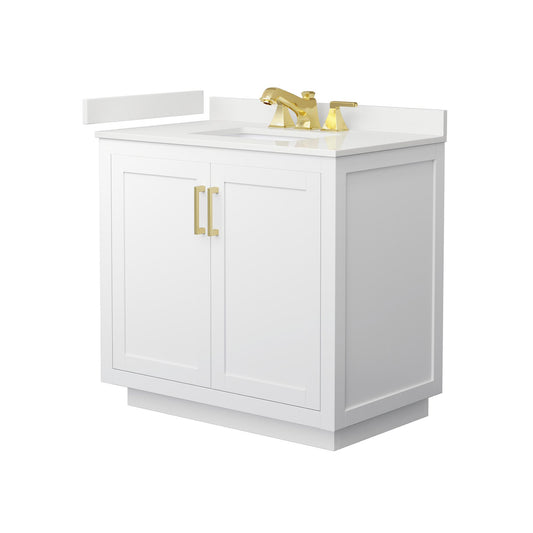 Wyndham Collection Miranda 36" Single Bathroom Vanity in White, White Quartz Countertop, Undermount Square Sink (3-Hole), Brushed Gold Trim