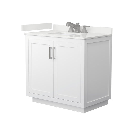 Wyndham Collection Miranda 36" Single Bathroom Vanity in White, White Quartz Countertop, Undermount Square Sink (3-Hole), Brushed Nickel Trim
