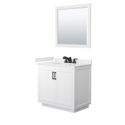 Wyndham Collection Miranda 36" Single Bathroom Vanity in White, White Quartz Countertop, Undermount Square Sink (3-Hole), Matte Black Trim, 34" Mirror
