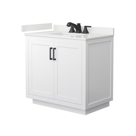 Wyndham Collection Miranda 36" Single Bathroom Vanity in White, White Quartz Countertop, Undermount Square Sink (3-Hole), Matte Black Trim