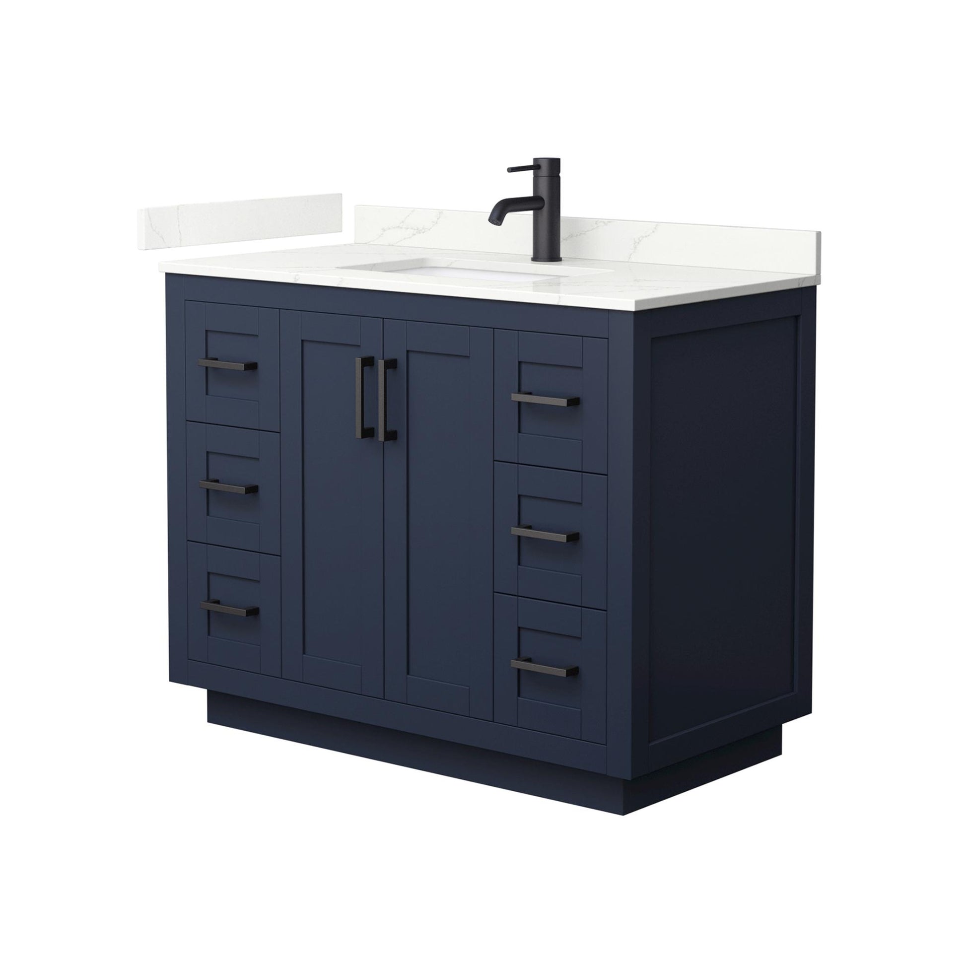Wyndham Collection Miranda 42" Single Bathroom Vanity in Dark Blue, Giotto Quartz Countertop, Undermount Square Sink (1-Hole), Matte Black Trim