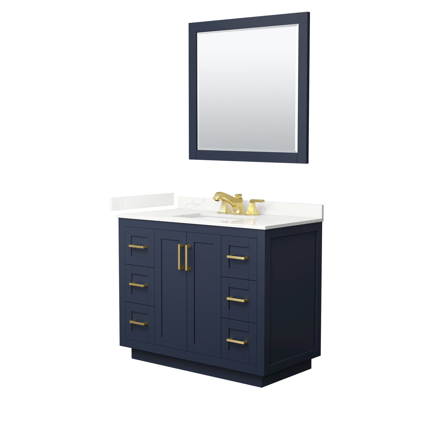 Wyndham Collection Miranda 42" Single Bathroom Vanity in Dark Blue, Giotto Quartz Countertop, Undermount Square Sink (3-Hole), Brushed Gold Trim, 34" Mirror