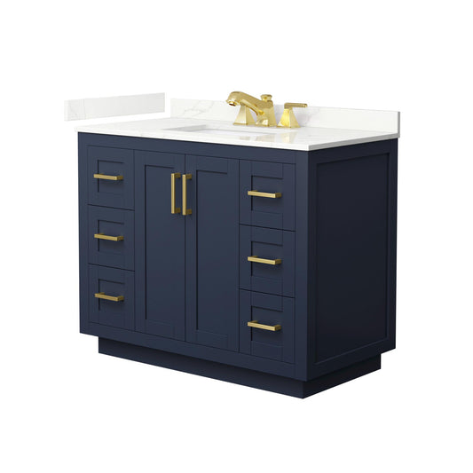 Wyndham Collection Miranda 42" Single Bathroom Vanity in Dark Blue, Giotto Quartz Countertop, Undermount Square Sink (3-Hole), Brushed Gold Trim