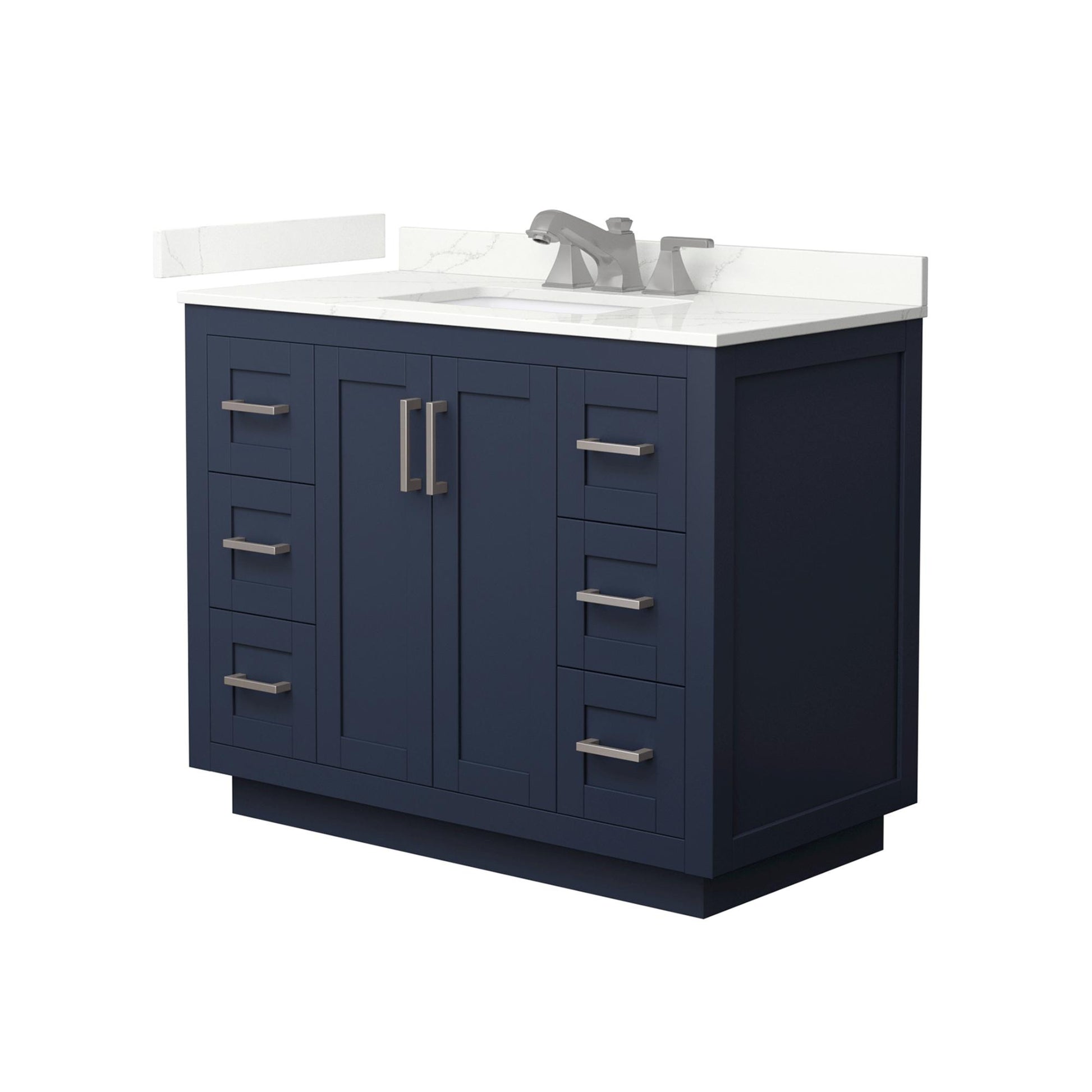 Wyndham Collection Miranda 42" Single Bathroom Vanity in Dark Blue, Giotto Quartz Countertop, Undermount Square Sink (3-Hole), Brushed Nickel Trim