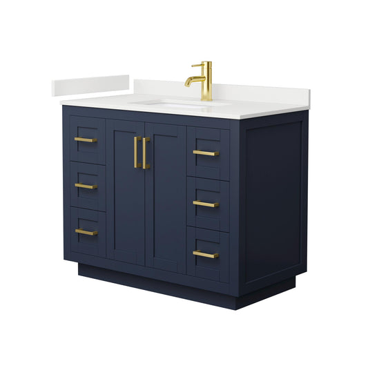 Wyndham Collection Miranda 42" Single Bathroom Vanity in Dark Blue, White Quartz Countertop, Undermount Square Sink (1-Hole), Brushed Gold Trim