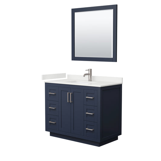 Wyndham Collection Miranda 42" Single Bathroom Vanity in Dark Blue, White Quartz Countertop, Undermount Square Sink (1-Hole), Brushed Nickel Trim, 34" Mirror