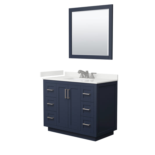 Wyndham Collection Miranda 42" Single Bathroom Vanity in Dark Blue, White Quartz Countertop, Undermount Square Sink (3-Hole), Brushed Nickel Trim, 34" Mirror