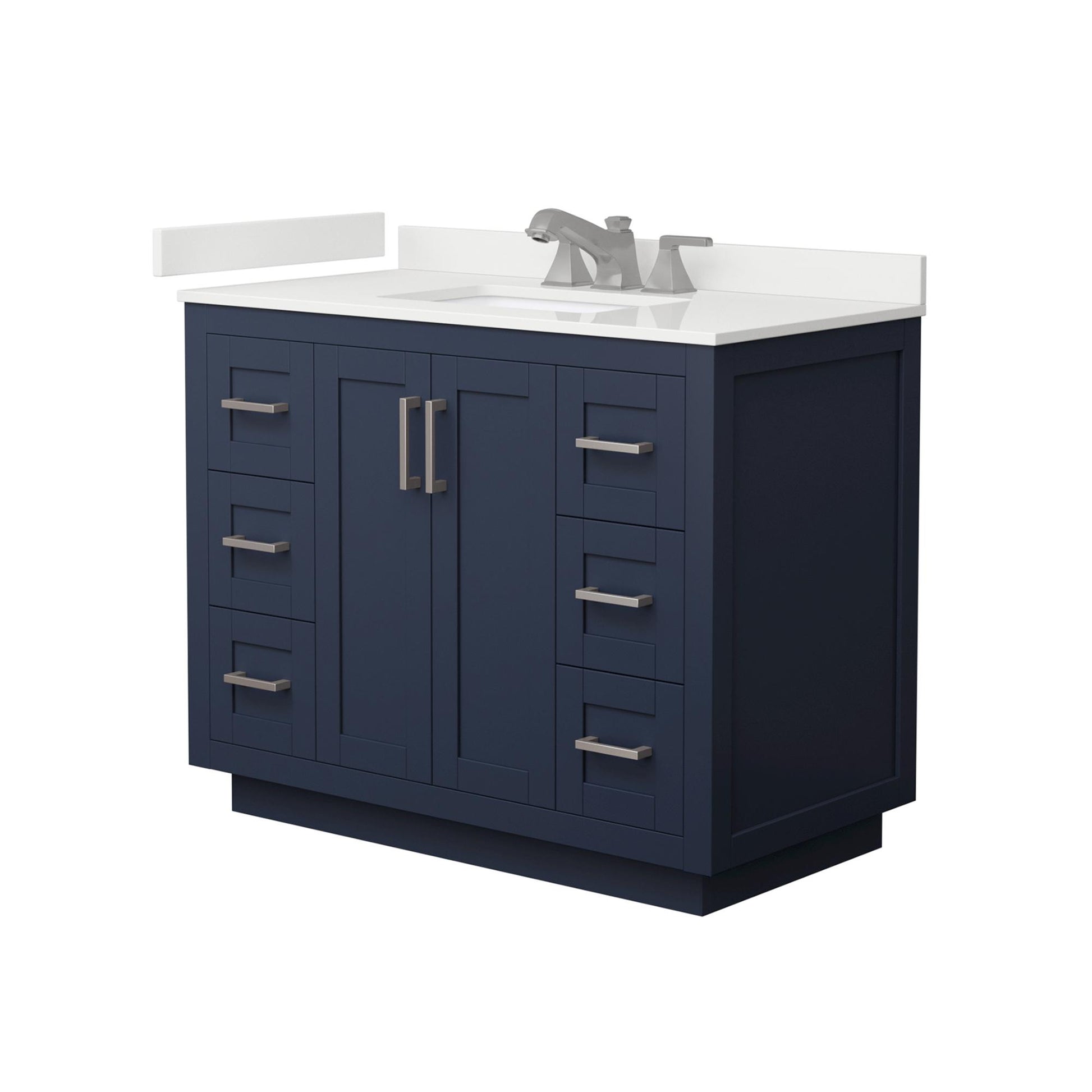 Wyndham Collection Miranda 42" Single Bathroom Vanity in Dark Blue, White Quartz Countertop, Undermount Square Sink (3-Hole), Brushed Nickel Trim