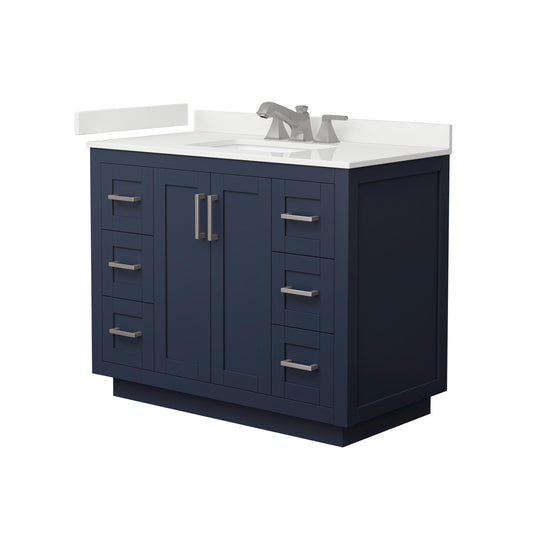 Wyndham Collection Miranda 42" Single Bathroom Vanity in Dark Blue, White Quartz Countertop, Undermount Square Sink (3-Hole), Brushed Nickel Trim