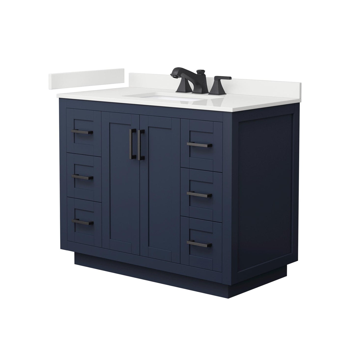 Wyndham Collection Miranda 42" Single Bathroom Vanity in Dark Blue, White Quartz Countertop, Undermount Square Sink (3-Hole), Matte Black Trim