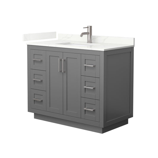Wyndham Collection Miranda 42" Single Bathroom Vanity in Dark Gray, Giotto Quartz Countertop, Undermount Square Sink (1-Hole), Brushed Nickel Trim