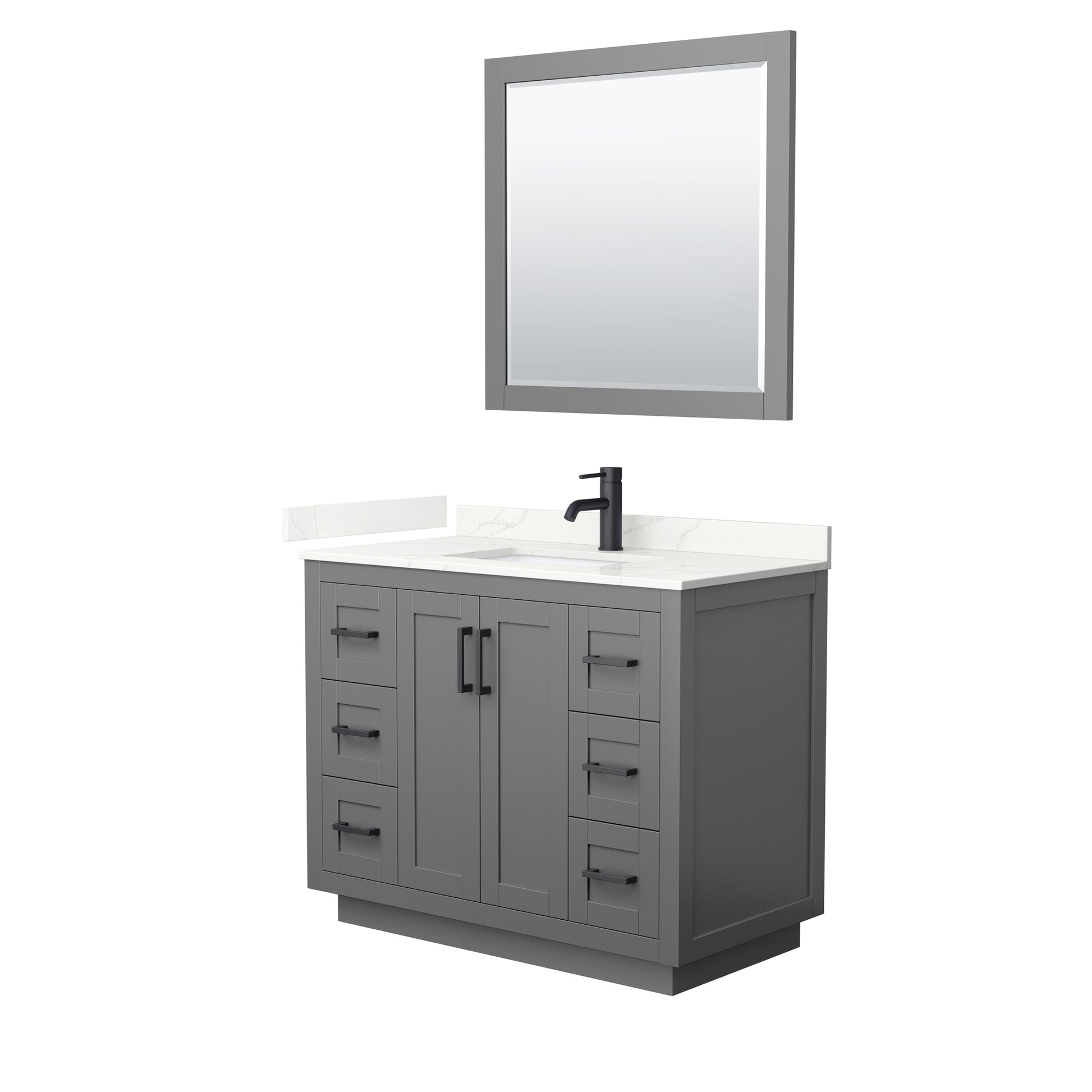 Wyndham Collection Miranda 42" Single Bathroom Vanity in Dark Gray, Giotto Quartz Countertop, Undermount Square Sink (1-Hole), Matte Black Trim, 34" Mirror