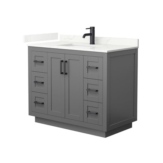 Wyndham Collection Miranda 42" Single Bathroom Vanity in Dark Gray, Giotto Quartz Countertop, Undermount Square Sink (1-Hole), Matte Black Trim