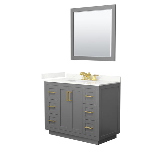 Wyndham Collection Miranda 42" Single Bathroom Vanity in Dark Gray, Giotto Quartz Countertop, Undermount Square Sink (3-Hole), Brushed Gold Trim, 34" Mirror