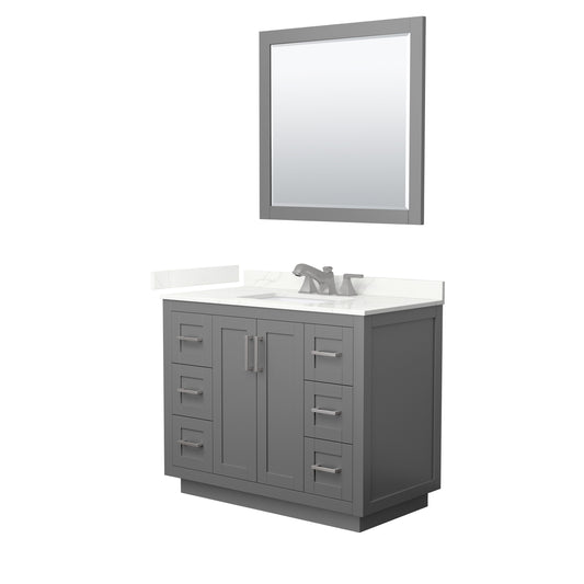 Wyndham Collection Miranda 42" Single Bathroom Vanity in Dark Gray, Giotto Quartz Countertop, Undermount Square Sink (3-Hole), Brushed Nickel Trim, 34" Mirror