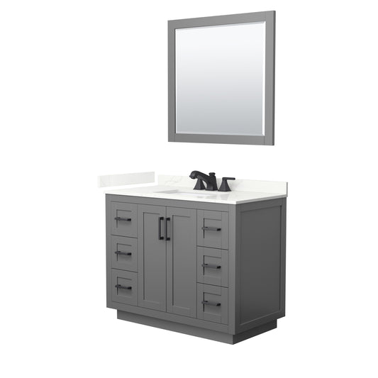 Wyndham Collection Miranda 42" Single Bathroom Vanity in Dark Gray, Giotto Quartz Countertop, Undermount Square Sink (3-Hole), Matte Black Trim, 34" Mirror
