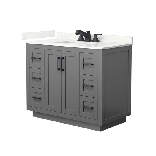 Wyndham Collection Miranda 42" Single Bathroom Vanity in Dark Gray, Giotto Quartz Countertop, Undermount Square Sink (3-Hole), Matte Black Trim