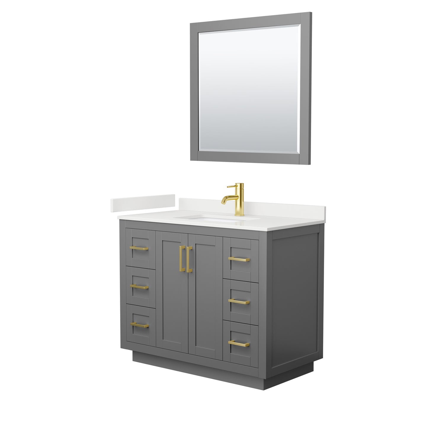 Wyndham Collection Miranda 42" Single Bathroom Vanity in Dark Gray, White Quartz Countertop, Undermount Square Sink (1-Hole), Brushed Gold Trim, 34" Mirror