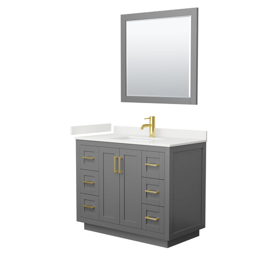 Wyndham Collection Miranda 42" Single Bathroom Vanity in Dark Gray, White Quartz Countertop, Undermount Square Sink (1-Hole), Brushed Gold Trim, 34" Mirror