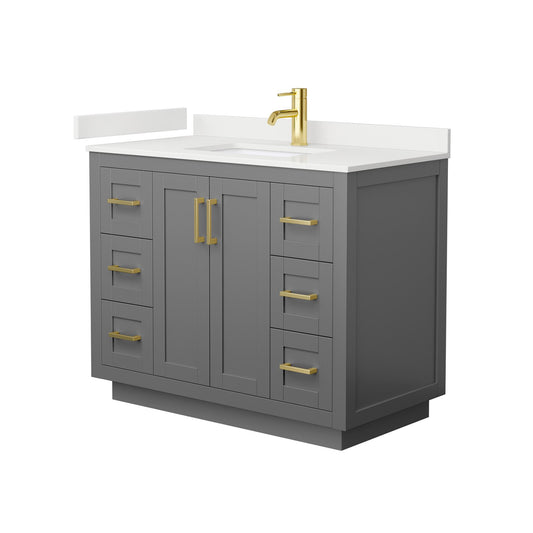 Wyndham Collection Miranda 42" Single Bathroom Vanity in Dark Gray, White Quartz Countertop, Undermount Square Sink (1-Hole), Brushed Gold Trim