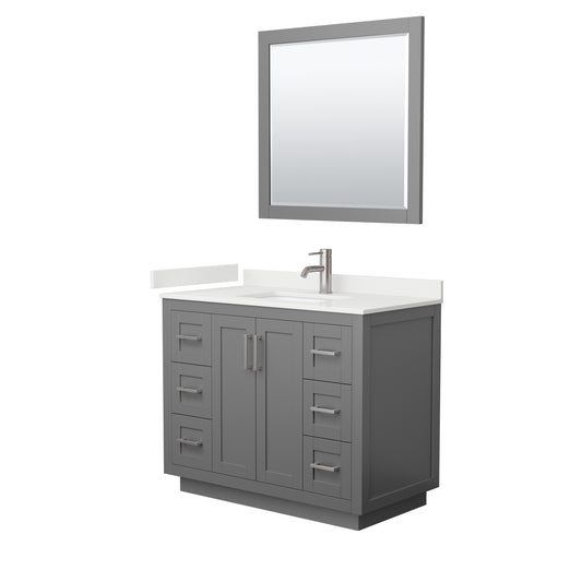 Wyndham Collection Miranda 42" Single Bathroom Vanity in Dark Gray, White Quartz Countertop, Undermount Square Sink (1-Hole), Brushed Nickel Trim, 34" Mirror