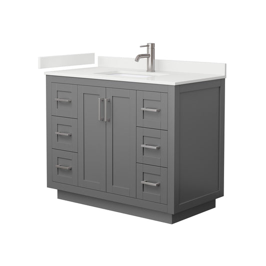 Wyndham Collection Miranda 42" Single Bathroom Vanity in Dark Gray, White Quartz Countertop, Undermount Square Sink (1-Hole), Brushed Nickel Trim