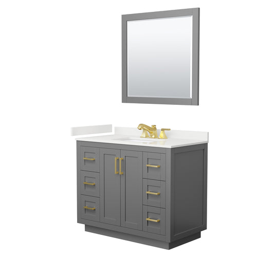 Wyndham Collection Miranda 42" Single Bathroom Vanity in Dark Gray, White Quartz Countertop, Undermount Square Sink (3-Hole), Brushed Gold Trim, 34" Mirror