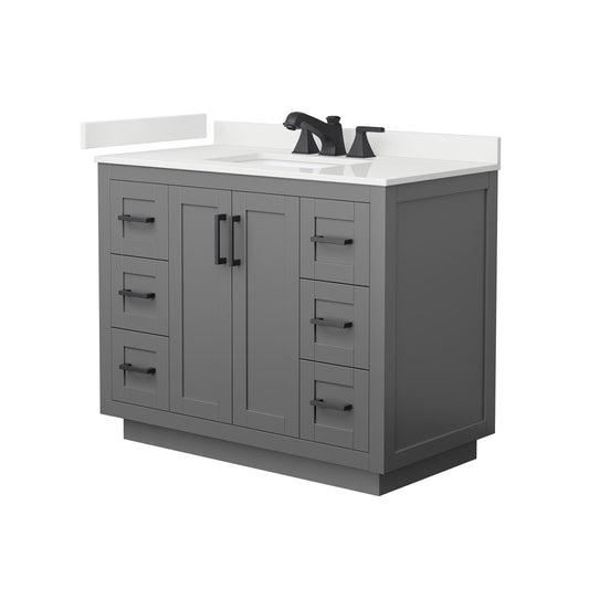 Wyndham Collection Miranda 42" Single Bathroom Vanity in Dark Gray, White Quartz Countertop, Undermount Square Sink (3-Hole), Matte Black Trim