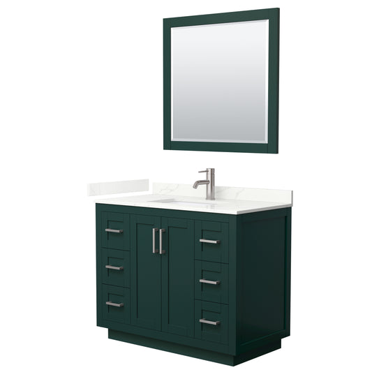 Wyndham Collection Miranda 42" Single Bathroom Vanity in Green, Giotto Quartz Countertop, Undermount Square Sink (1-Hole), Brushed Nickel Trim, 34" Mirror
