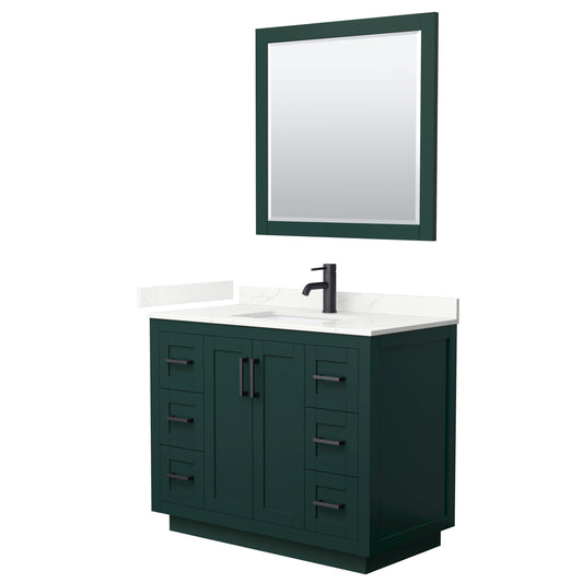 Wyndham Collection Miranda 42" Single Bathroom Vanity in Green, Giotto Quartz Countertop, Undermount Square Sink (1-Hole), Matte Black Trim, 34" Mirror
