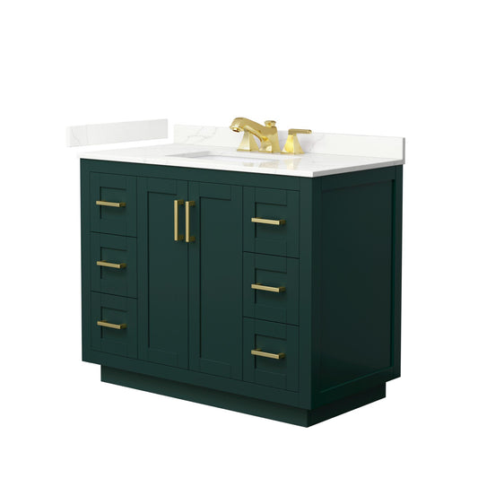 Wyndham Collection Miranda 42" Single Bathroom Vanity in Green, Giotto Quartz Countertop, Undermount Square Sink (3-Hole), Brushed Gold Trim