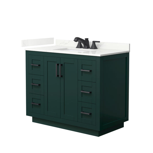 Wyndham Collection Miranda 42" Single Bathroom Vanity in Green, Giotto Quartz Countertop, Undermount Square Sink (3-Hole), Matte Black Trim