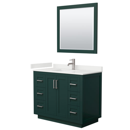 Wyndham Collection Miranda 42" Single Bathroom Vanity in Green, White Quartz Countertop, Undermount Square Sink (1-Hole), Brushed Nickel Trim, 34" Mirror