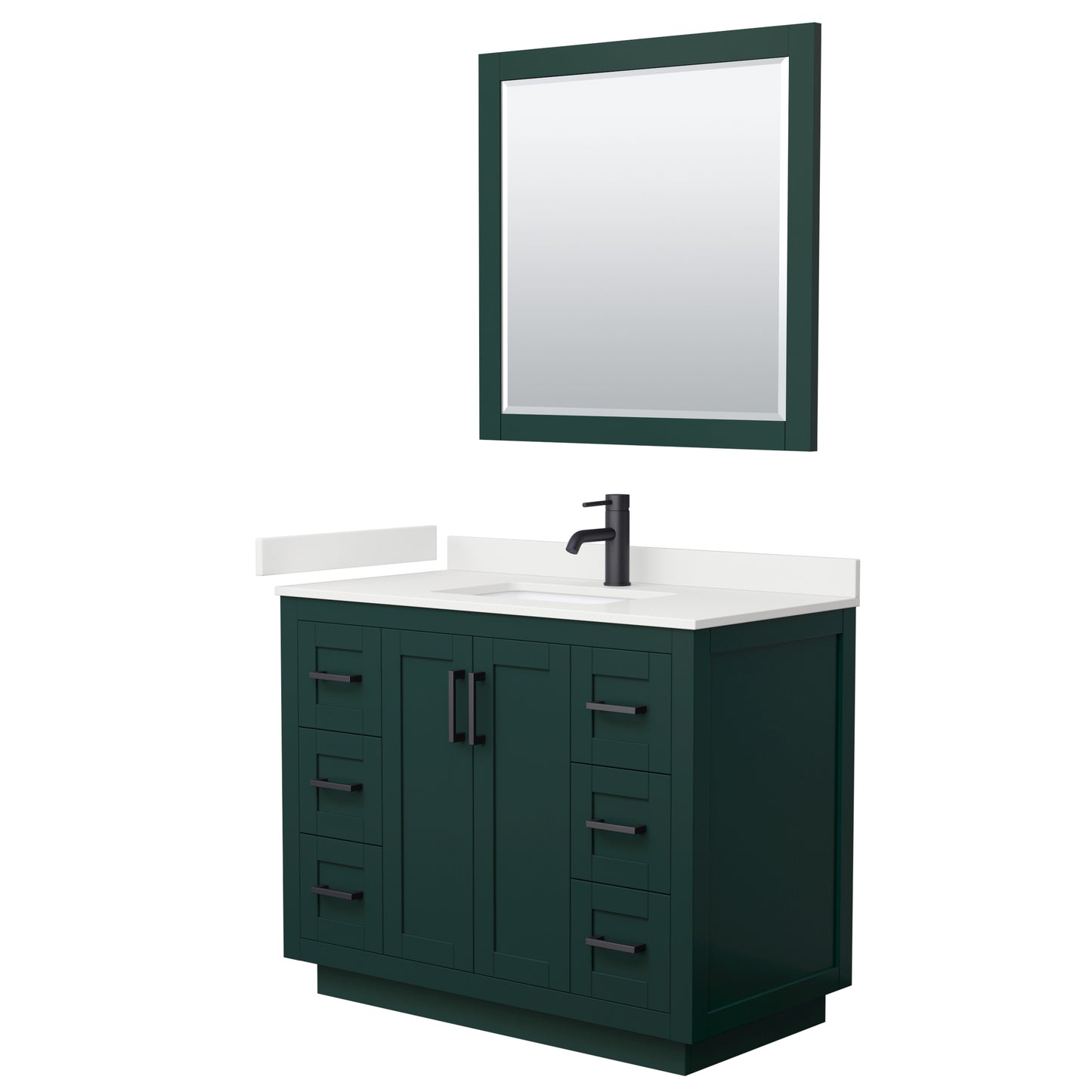 Wyndham Collection Miranda 42" Single Bathroom Vanity in Green, White Quartz Countertop, Undermount Square Sink (1-Hole), Matte Black Trim, 34" Mirror