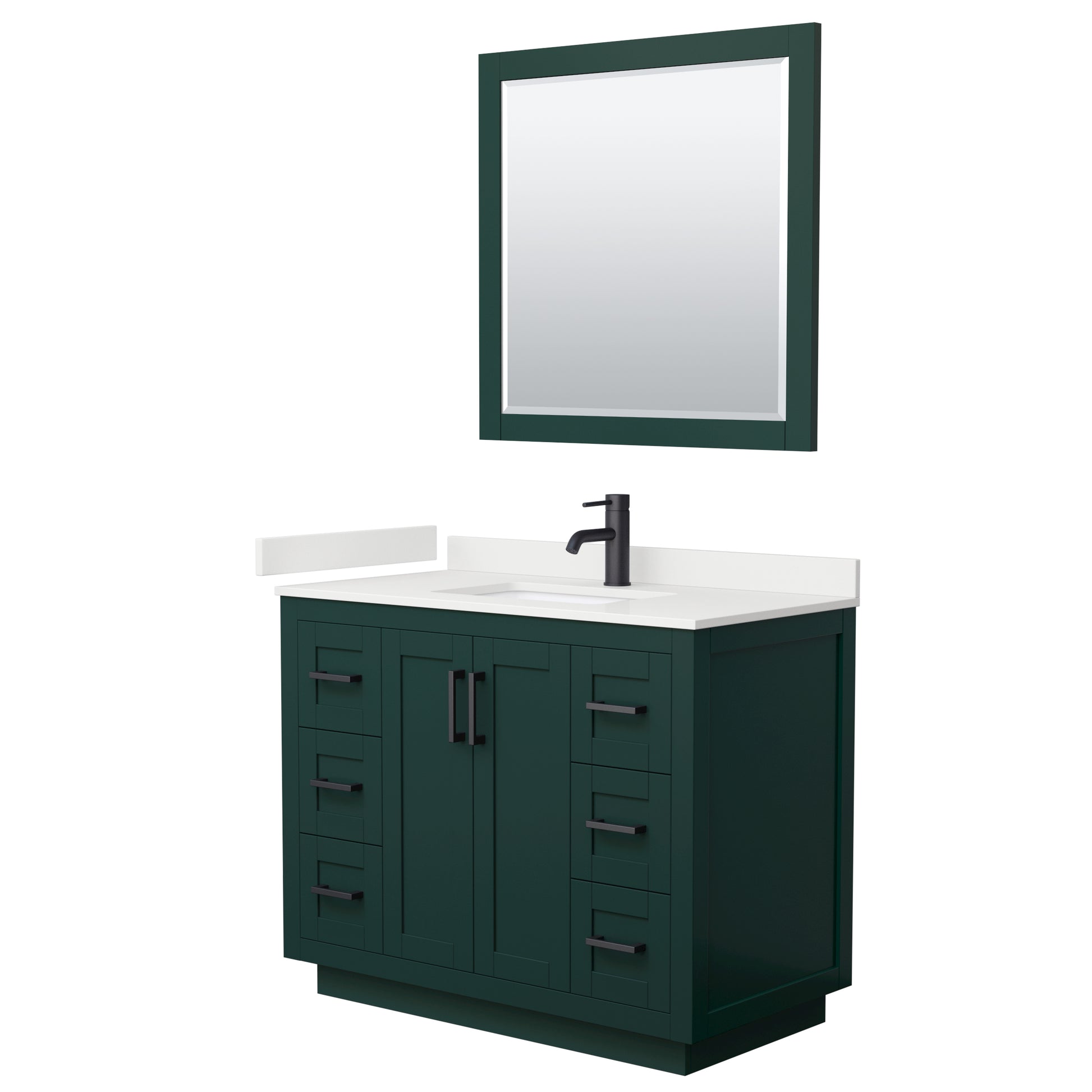 Wyndham Collection Miranda 42" Single Bathroom Vanity in Green, White Quartz Countertop, Undermount Square Sink (1-Hole), Matte Black Trim, 34" Mirror