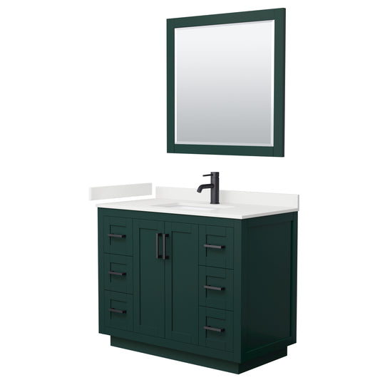 Wyndham Collection Miranda 42" Single Bathroom Vanity in Green, White Quartz Countertop, Undermount Square Sink (1-Hole), Matte Black Trim, 34" Mirror