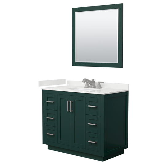 Wyndham Collection Miranda 42" Single Bathroom Vanity in Green, White Quartz Countertop, Undermount Square Sink (3-Hole), Brushed Nickel Trim, 34" Mirror