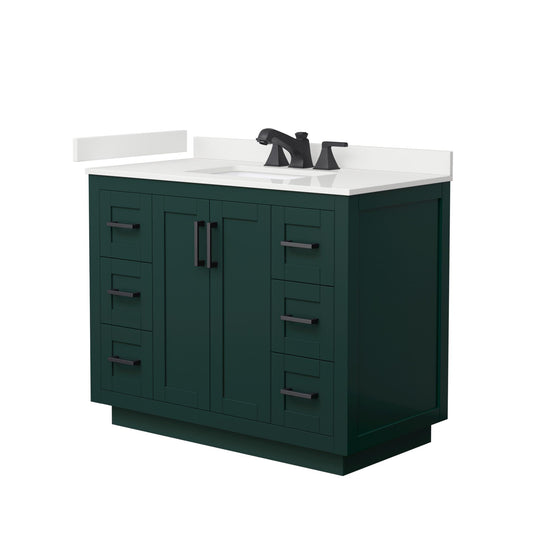 Wyndham Collection Miranda 42" Single Bathroom Vanity in Green, White Quartz Countertop, Undermount Square Sink (3-Hole), Matte Black Trim