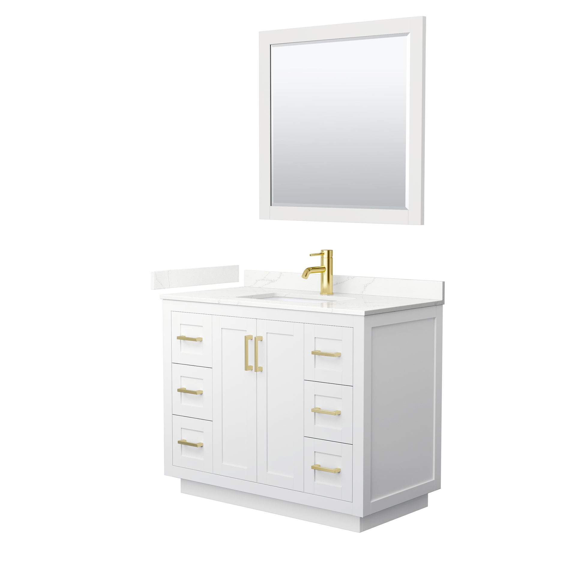 Wyndham Collection Miranda 42" Single Bathroom Vanity in White, Giotto Quartz Countertop, Undermount Square Sink (1-Hole), Brushed Gold Trim, 34" Mirror
