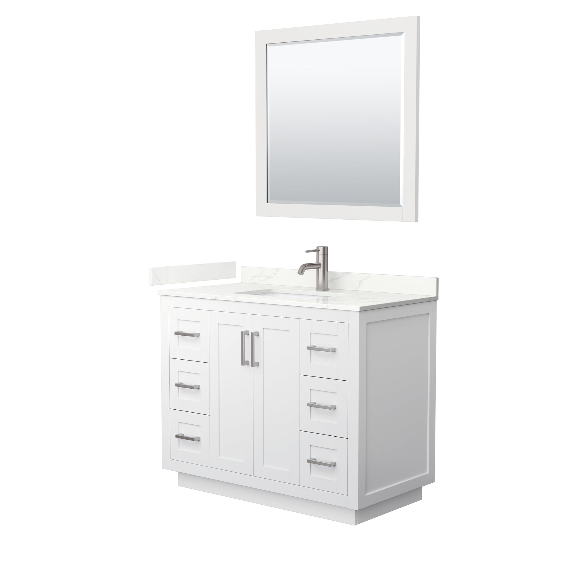 Wyndham Collection Miranda 42" Single Bathroom Vanity in White, Giotto Quartz Countertop, Undermount Square Sink (1-Hole), Brushed Nickel Trim, 34" Mirror