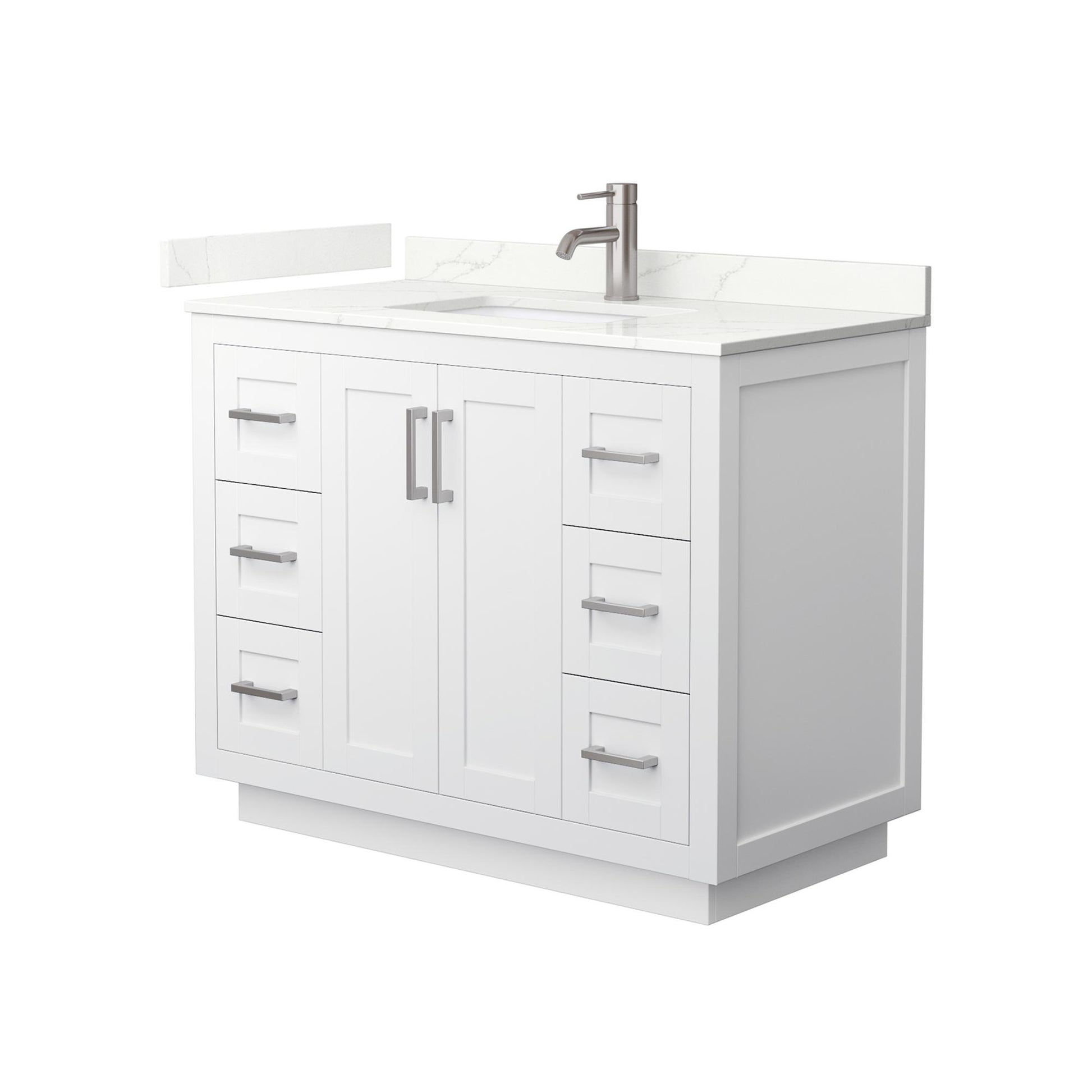 Wyndham Collection Miranda 42" Single Bathroom Vanity in White, Giotto Quartz Countertop, Undermount Square Sink (1-Hole), Brushed Nickel Trim