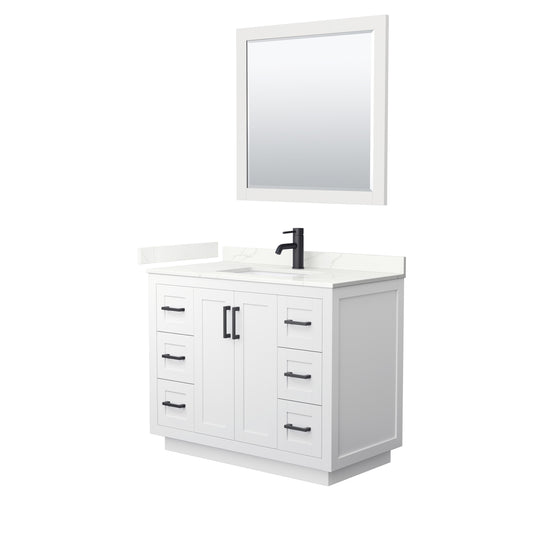 Wyndham Collection Miranda 42" Single Bathroom Vanity in White, Giotto Quartz Countertop, Undermount Square Sink (1-Hole), Matte Black Trim, 34" Mirror