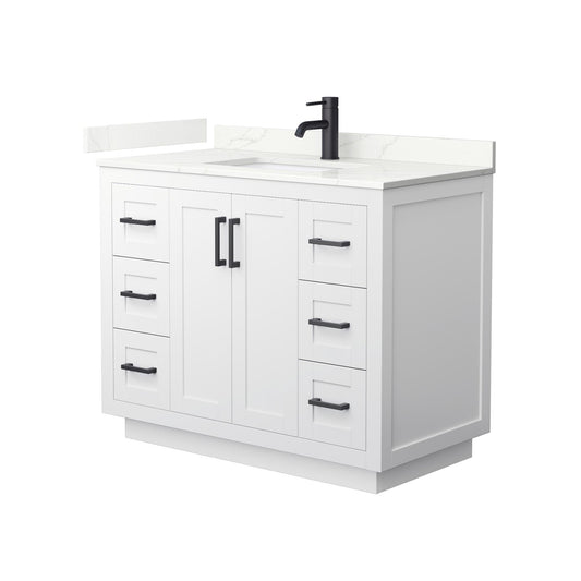 Wyndham Collection Miranda 42" Single Bathroom Vanity in White, Giotto Quartz Countertop, Undermount Square Sink (1-Hole), Matte Black Trim