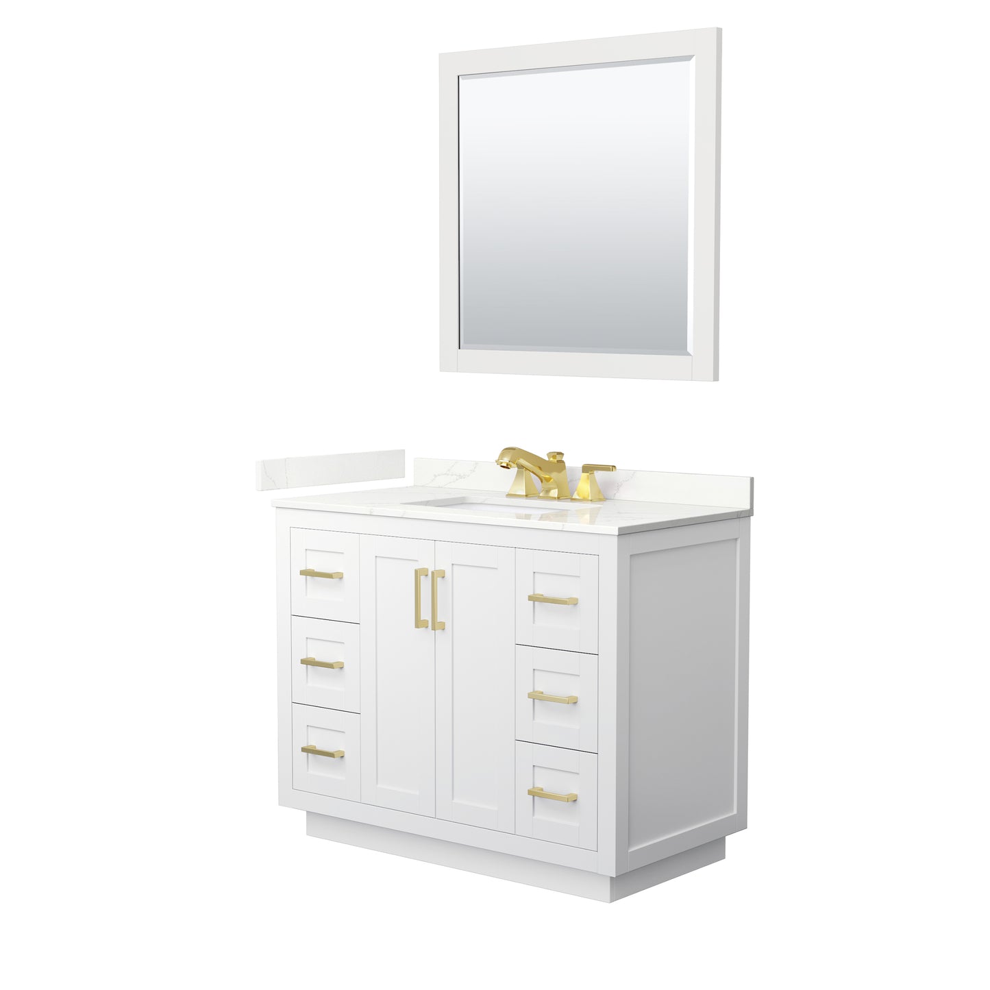 Wyndham Collection Miranda 42" Single Bathroom Vanity in White, Giotto Quartz Countertop, Undermount Square Sink (3-Hole), Brushed Gold Trim, 34" Mirror
