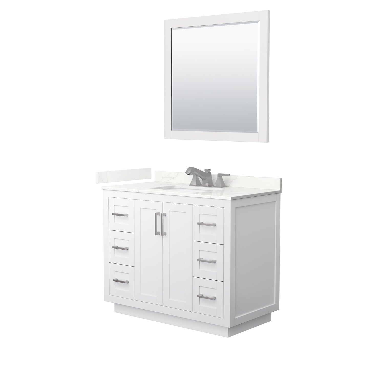 Wyndham Collection Miranda 42" Single Bathroom Vanity in White, Giotto Quartz Countertop, Undermount Square Sink (3-Hole), Brushed Nickel Trim, 34" Mirror
