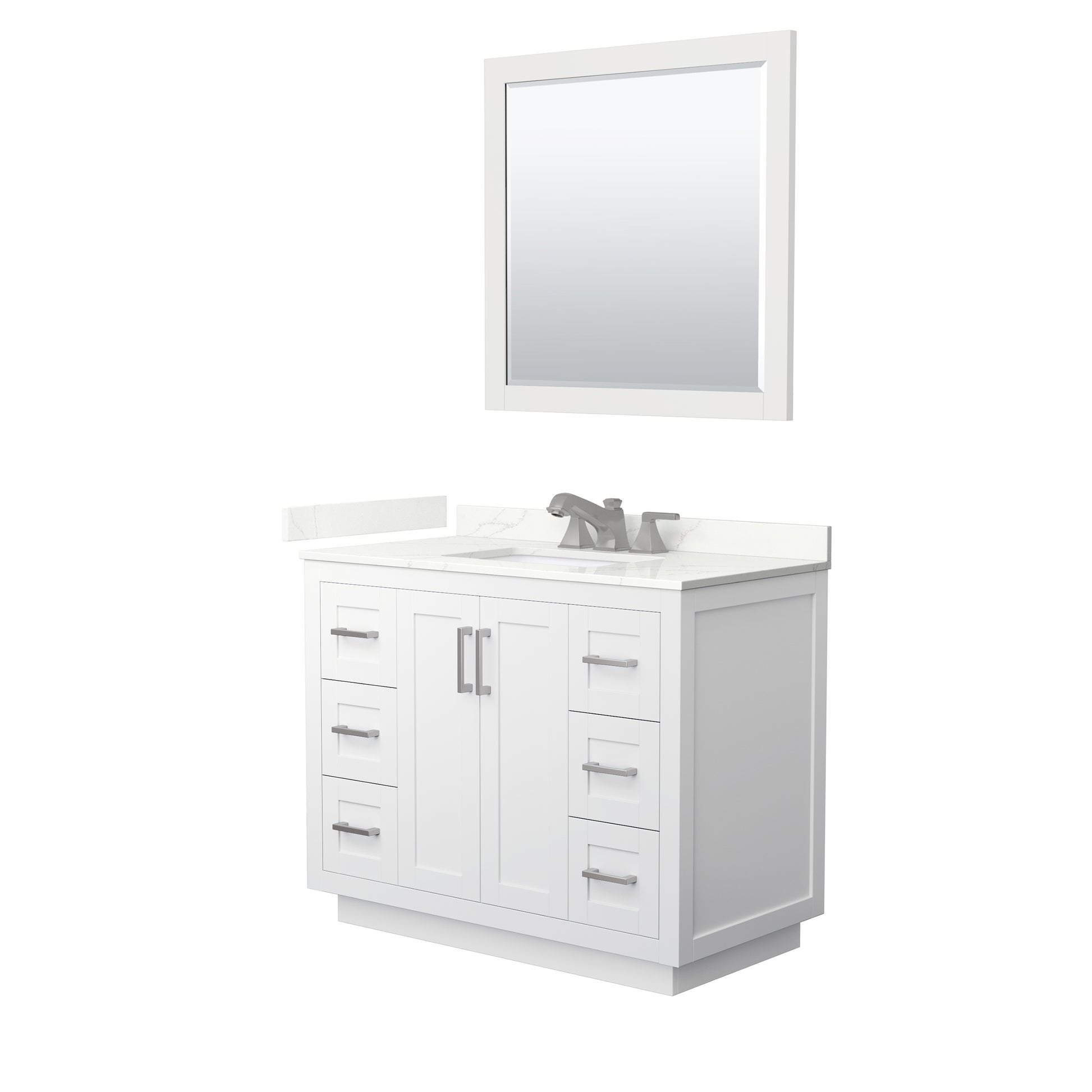 Wyndham Collection Miranda 42" Single Bathroom Vanity in White, Giotto Quartz Countertop, Undermount Square Sink (3-Hole), Brushed Nickel Trim, 34" Mirror