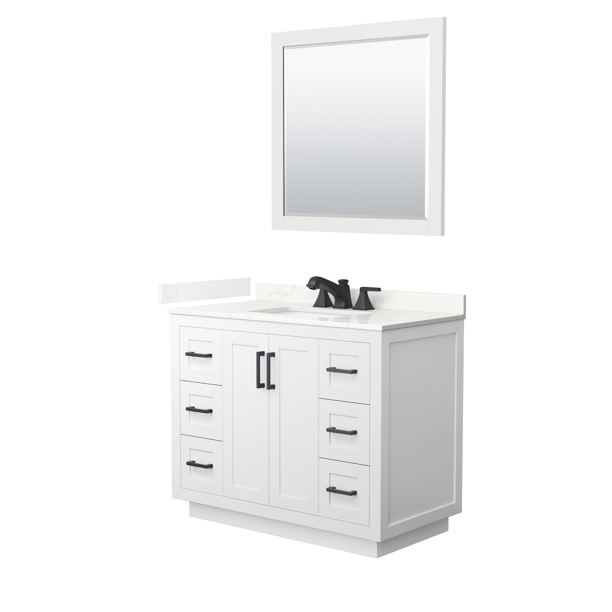 Wyndham Collection Miranda 42" Single Bathroom Vanity in White, Giotto Quartz Countertop, Undermount Square Sink (3-Hole), Matte Black Trim, 34" Mirror