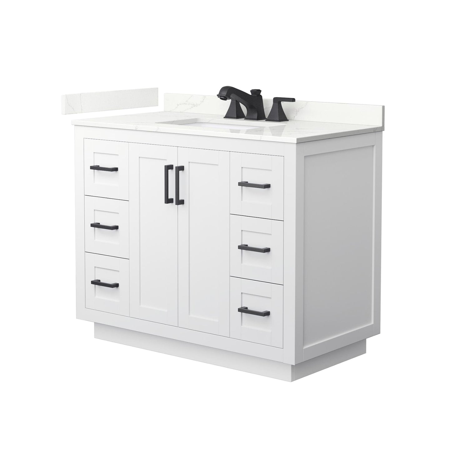 Wyndham Collection Miranda 42" Single Bathroom Vanity in White, Giotto Quartz Countertop, Undermount Square Sink (3-Hole), Matte Black Trim